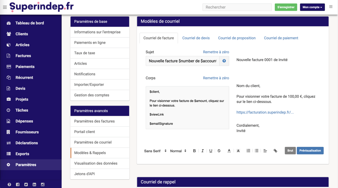 Modifier les modèles de courriel ainsi que les courriels de rappel sur notre outil de facturation Superindep