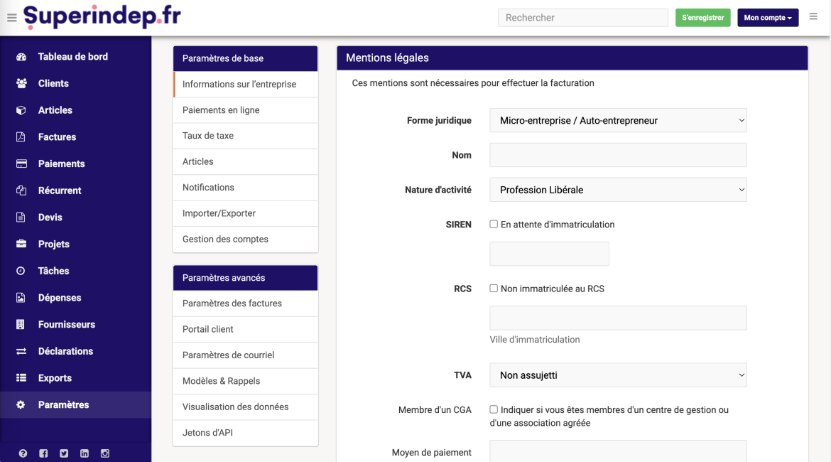 Modifier les paramètres de son auto-entreprise sur notre outil de facturation Superindep