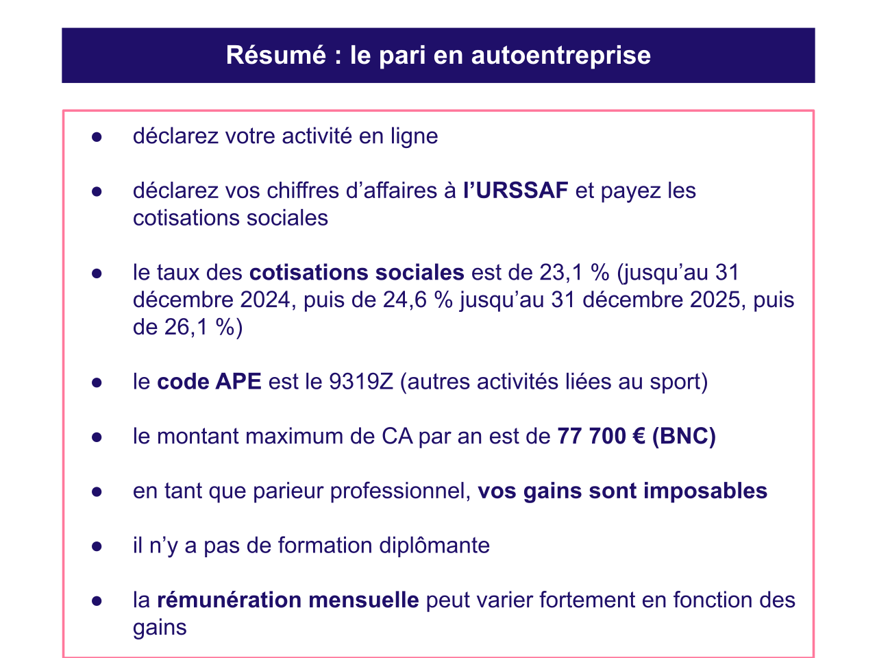 Résumé d’un autoentrepreneur qui fait des paris sportif